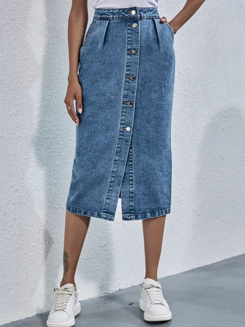 Casual Buttoned Denim Skirt With Pockets - Southern Shores Clothing