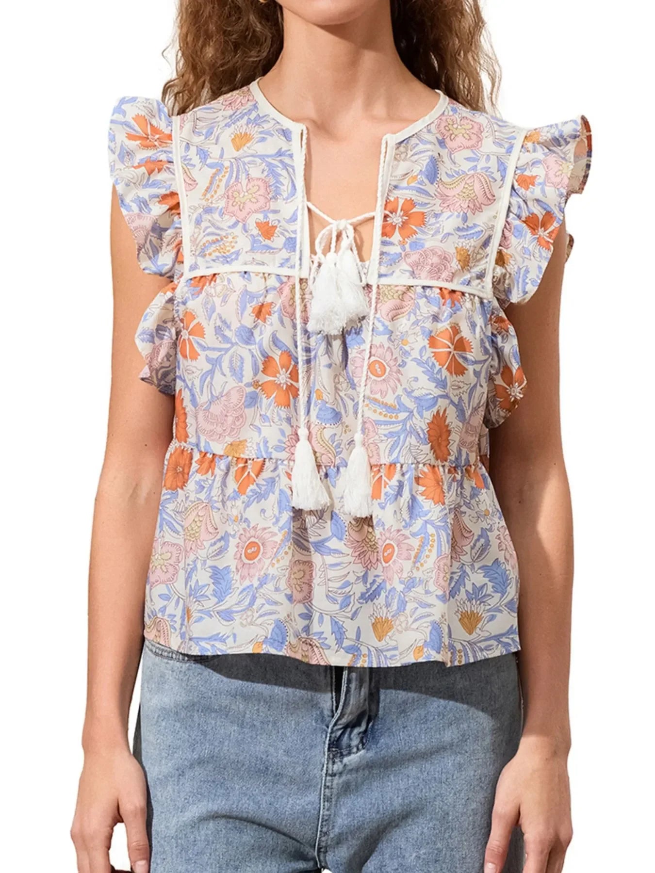 Casual Striped Tassel Ruffle Blouse Polyester - Southern Shores Clothing