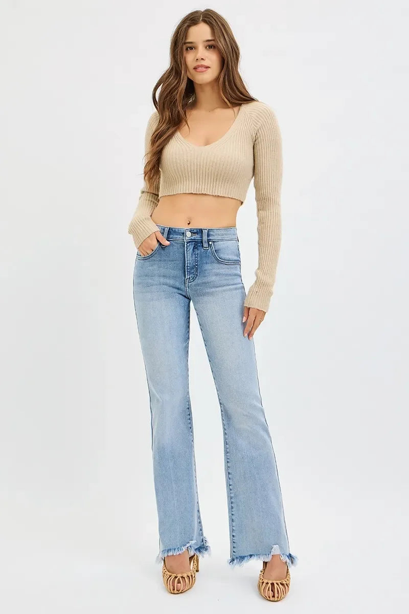 Tummy Control Mid Rise Flare Jeans Plus Size Fray Hem - Southern Shores Clothing