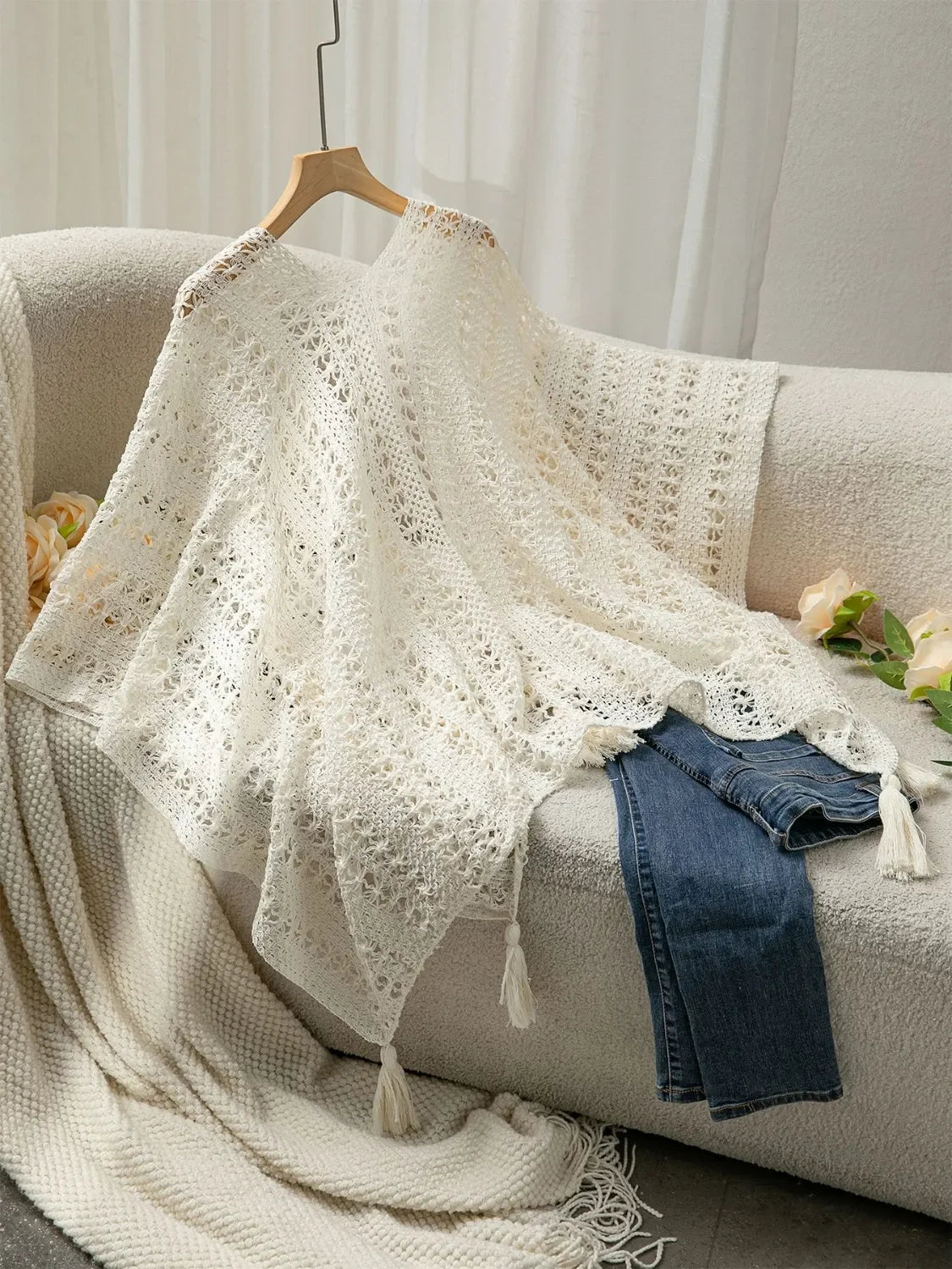 Openwork Tassel Open Front Knit Cover Up Kimono Lightweight - Southern Shores Clothing
