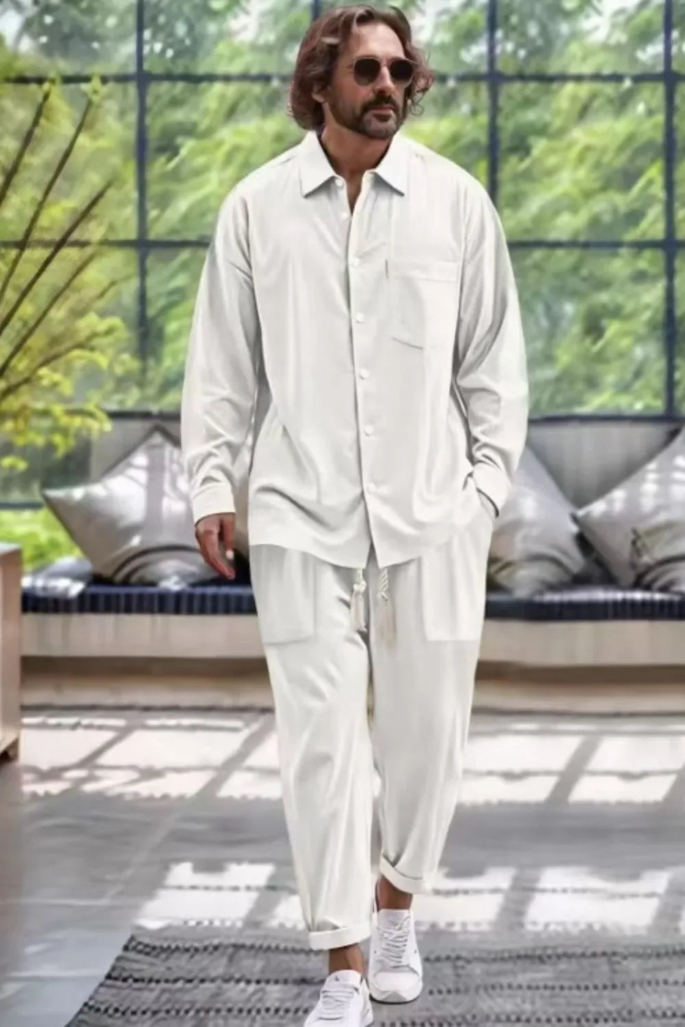 Men's Collared Neck Long Sleeve Top and Pants Set Plus Size - Southern Shores Clothing
