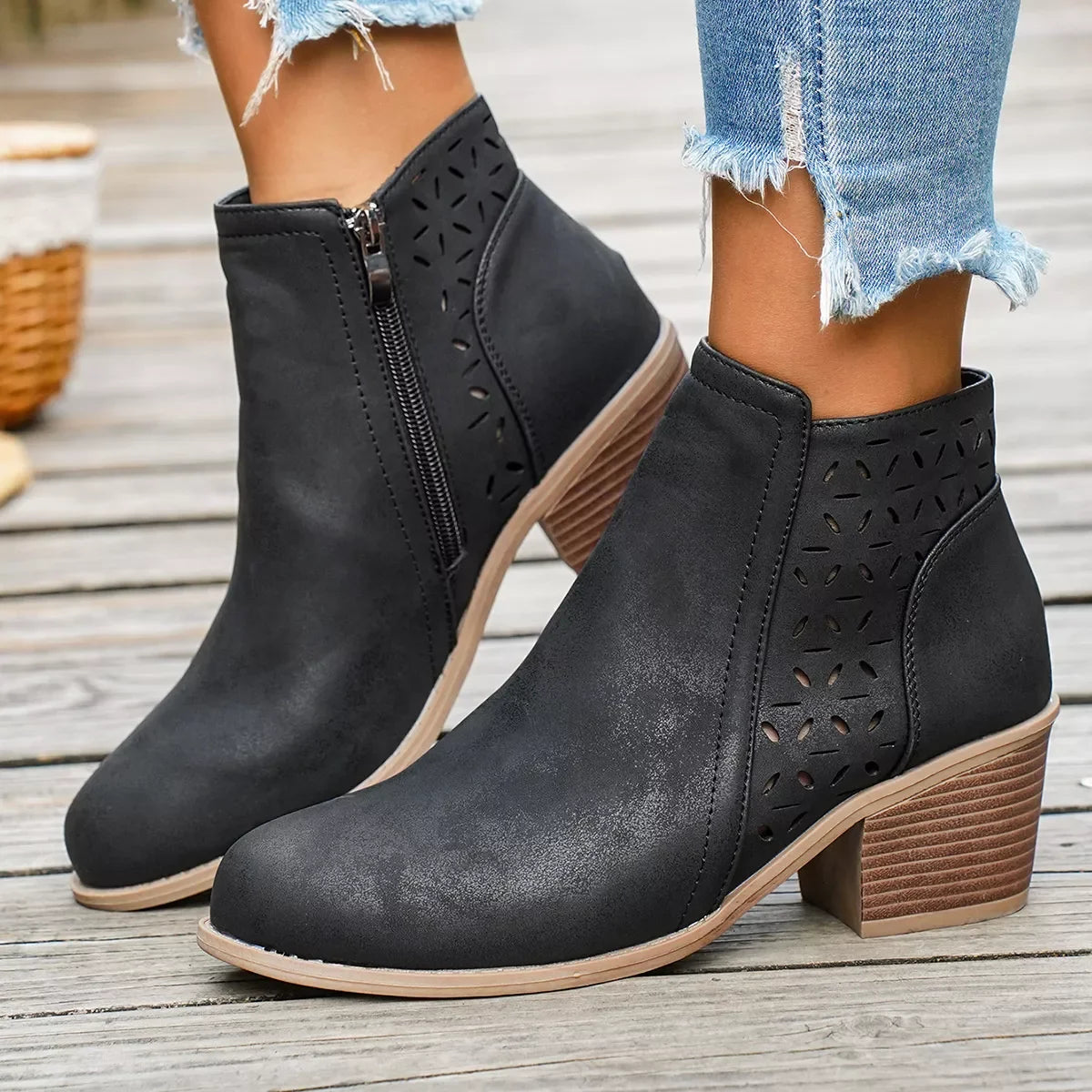 Round Toe Block Heel Ankle Boots Mid Heel - Southern Shores Clothing