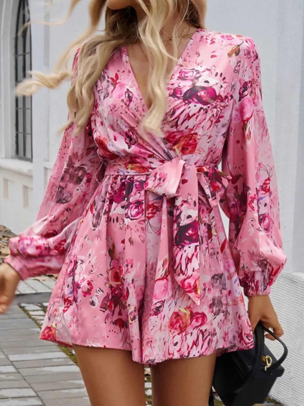 Tied Surplice Long Sleeve Romper With Sheer Detail - Southern Shores Clothing