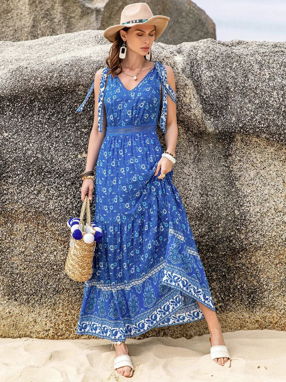 Printed V-Neck Tie Shoulder Maxi Dress With Floral Pattern - Southern Shores Clothing
