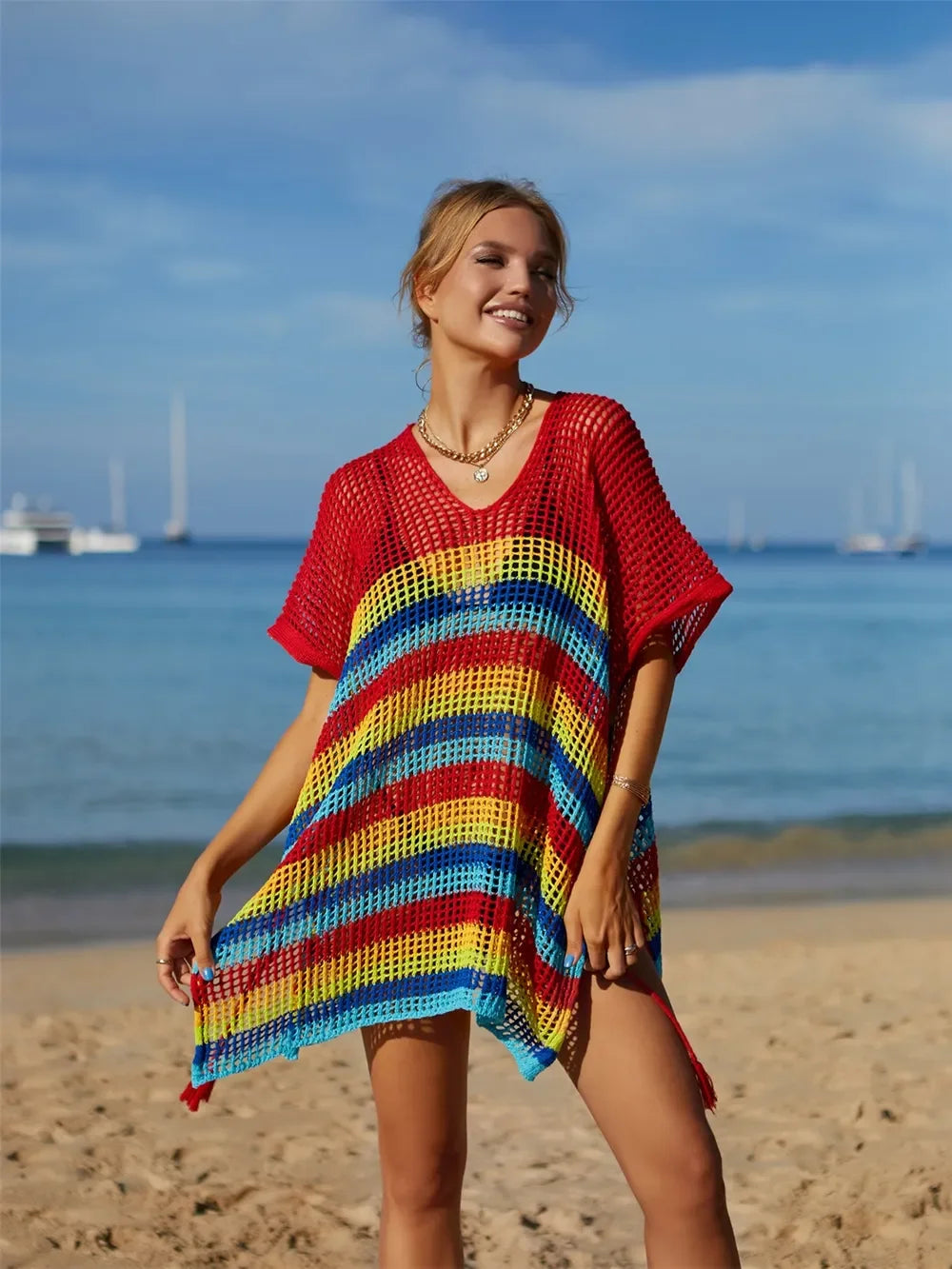 Angel Wings Striped Cutout Cover Up One Size Tassel - Southern Shores Clothing