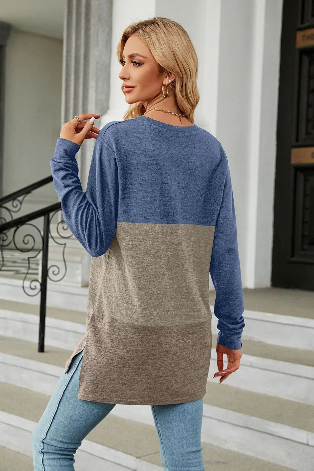Block Pattern Round Neck Long Sleeve Slit T Shirt - Southern Shores Clothing
