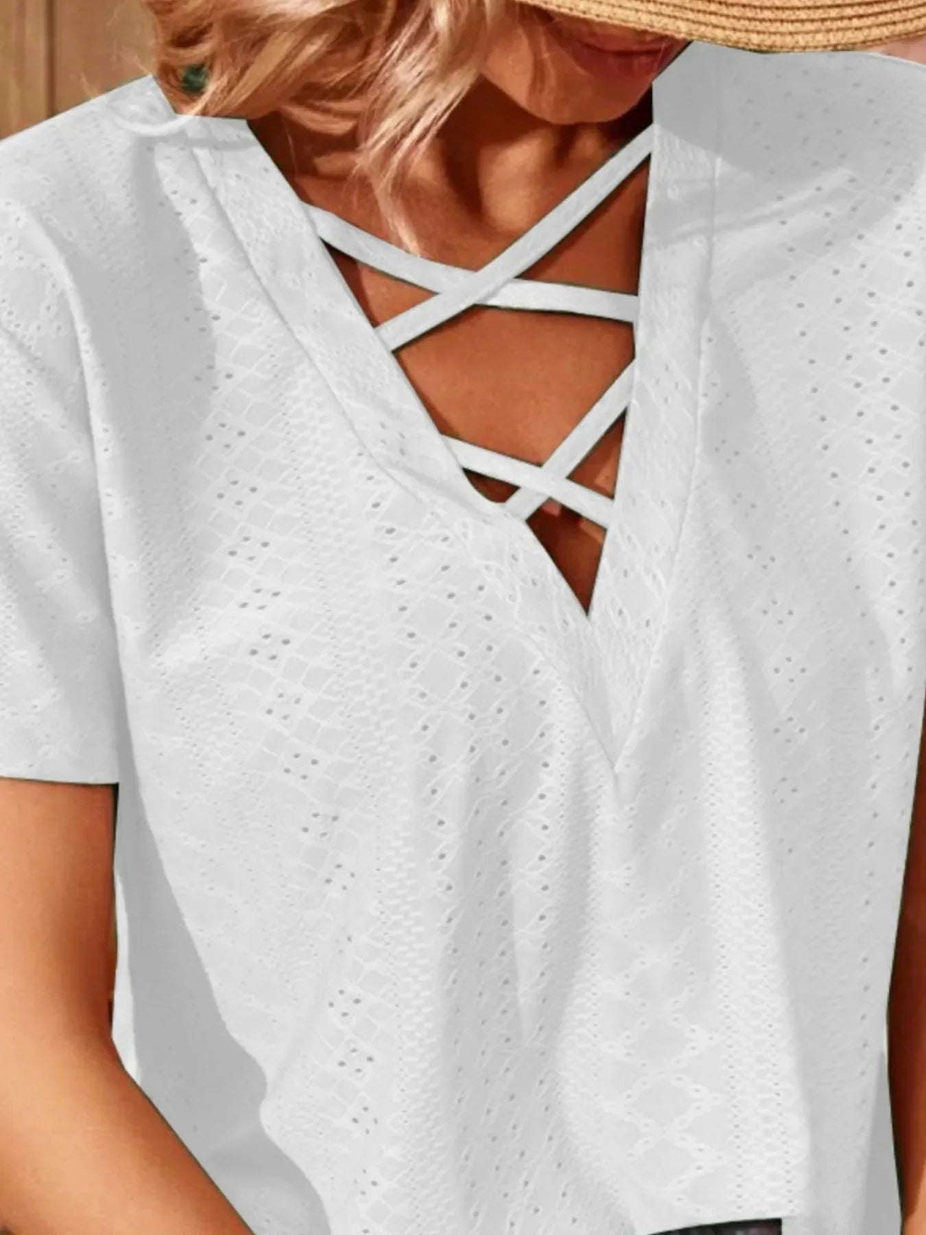 Eyelet Crisscross Short Sleeve T Shirt With Stretch Fabric - Southern Shores Clothing