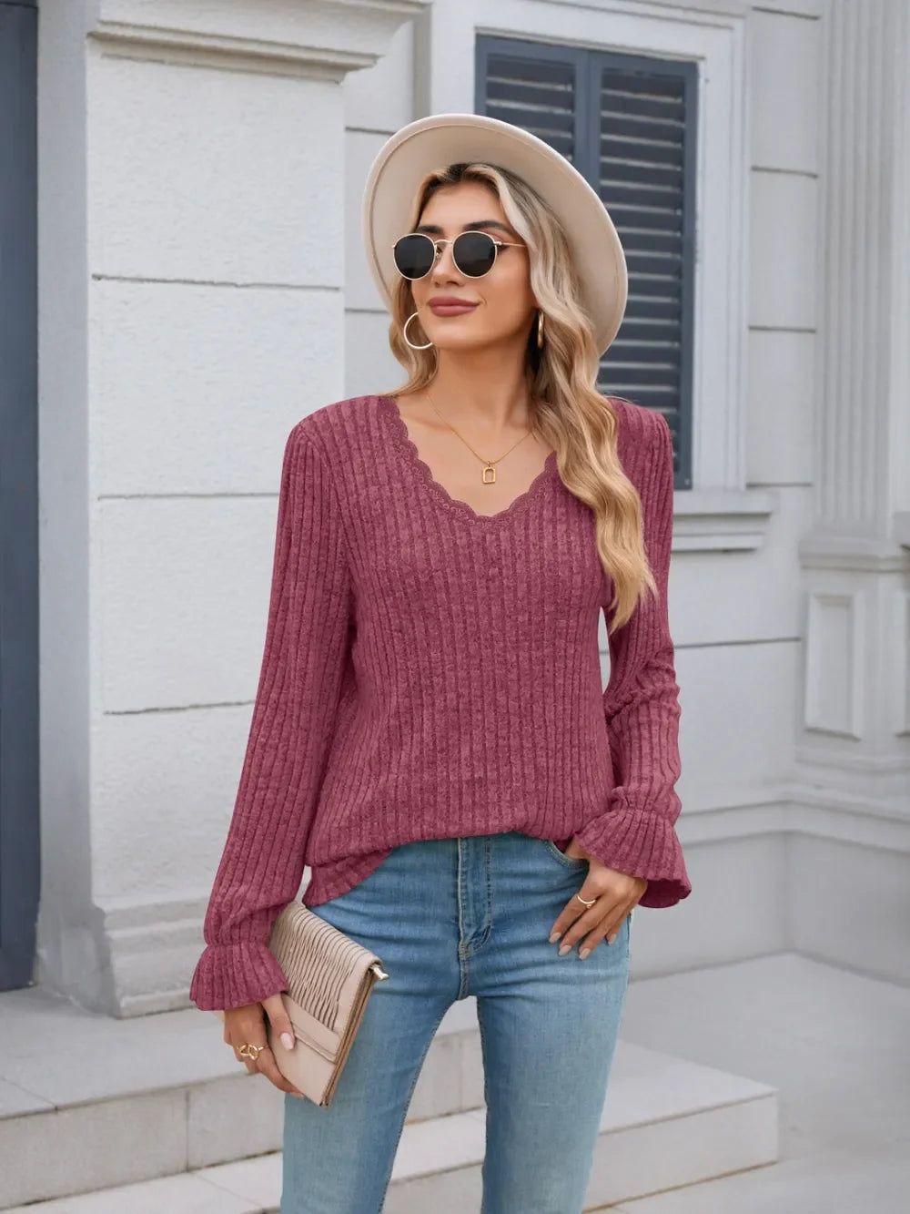 Lace Detail V-Neck Long Sleeve T-Shirt - Southern Shores Clothing