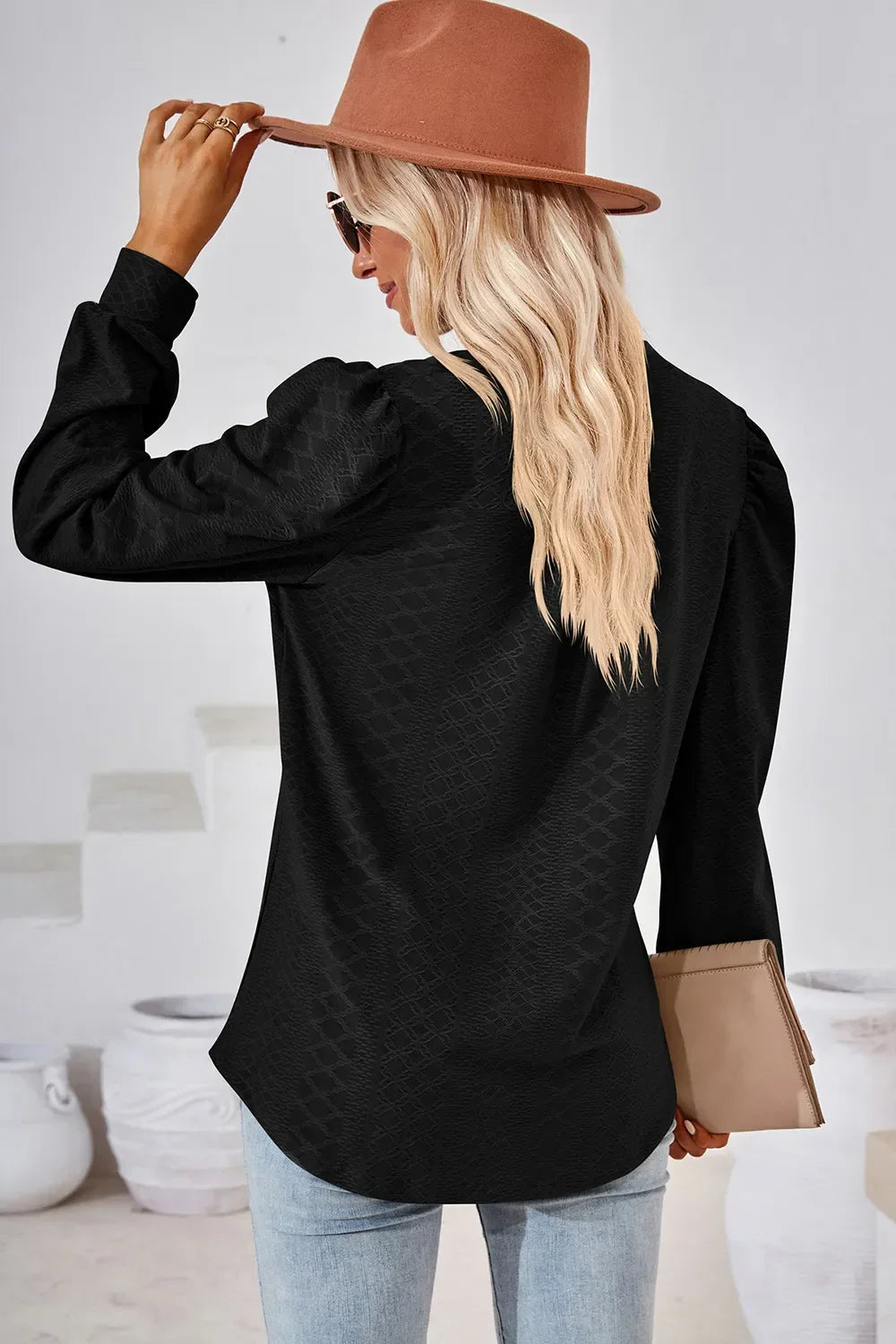 Notched Long Sleeve Top With Slightly Stretchy Fit - Southern Shores Clothing