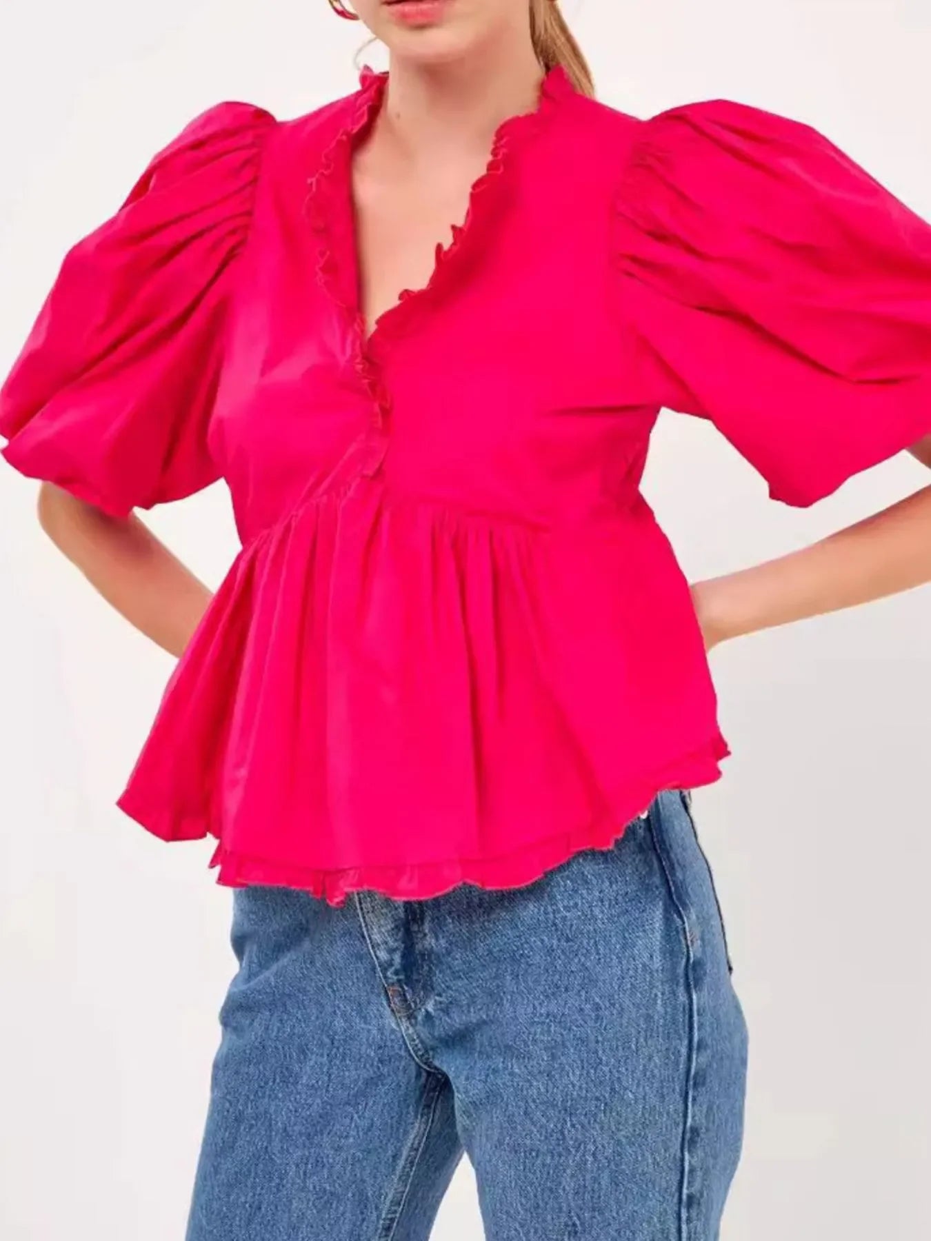 Stylish Southern Shores Clothing Puff Sleeve Peplum Blouse With Ruffles In 100% Polyester Fabric - Southern Shores Clothing
