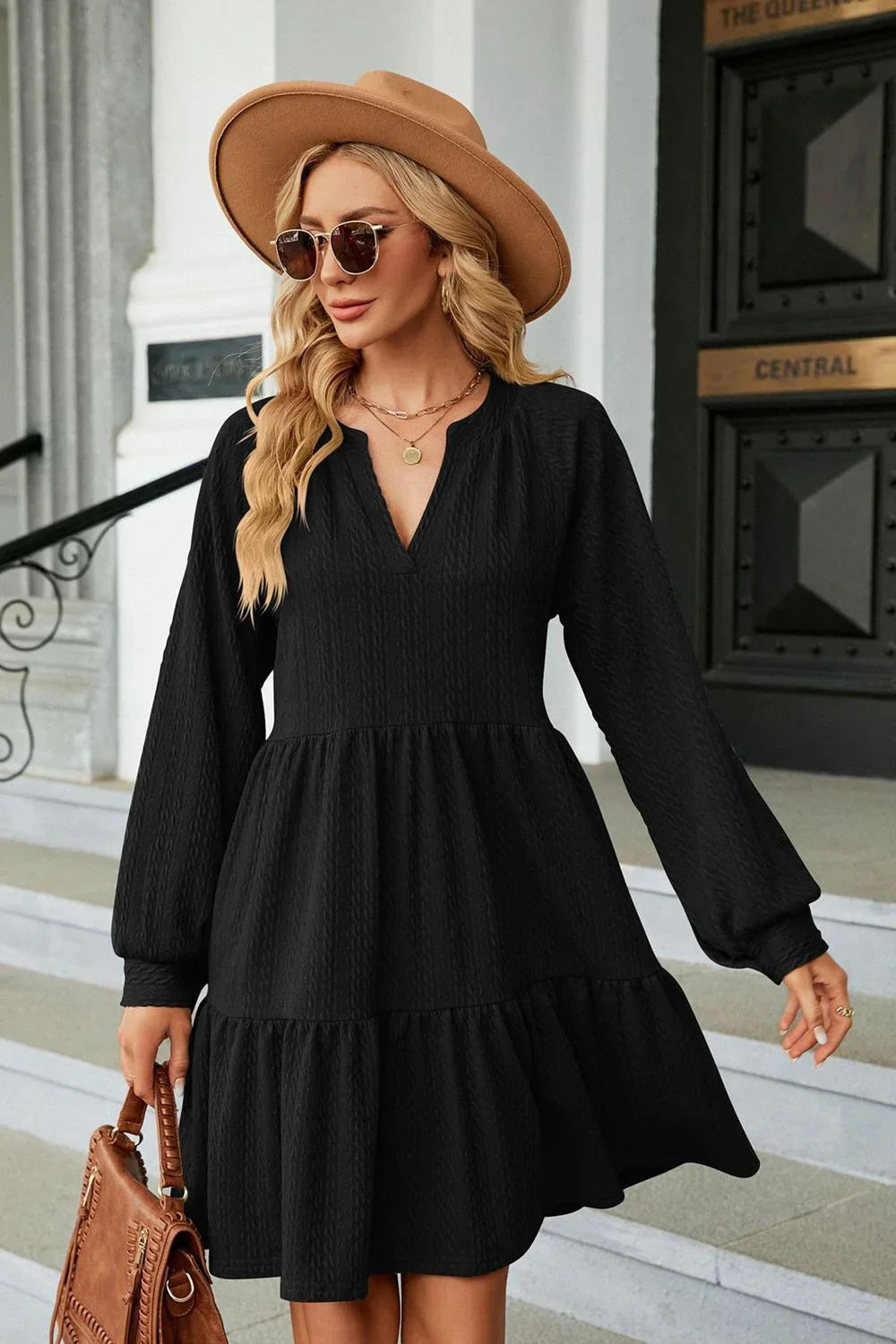 Notched Neck Long Sleeve Mini Dress - Southern Shores Clothing