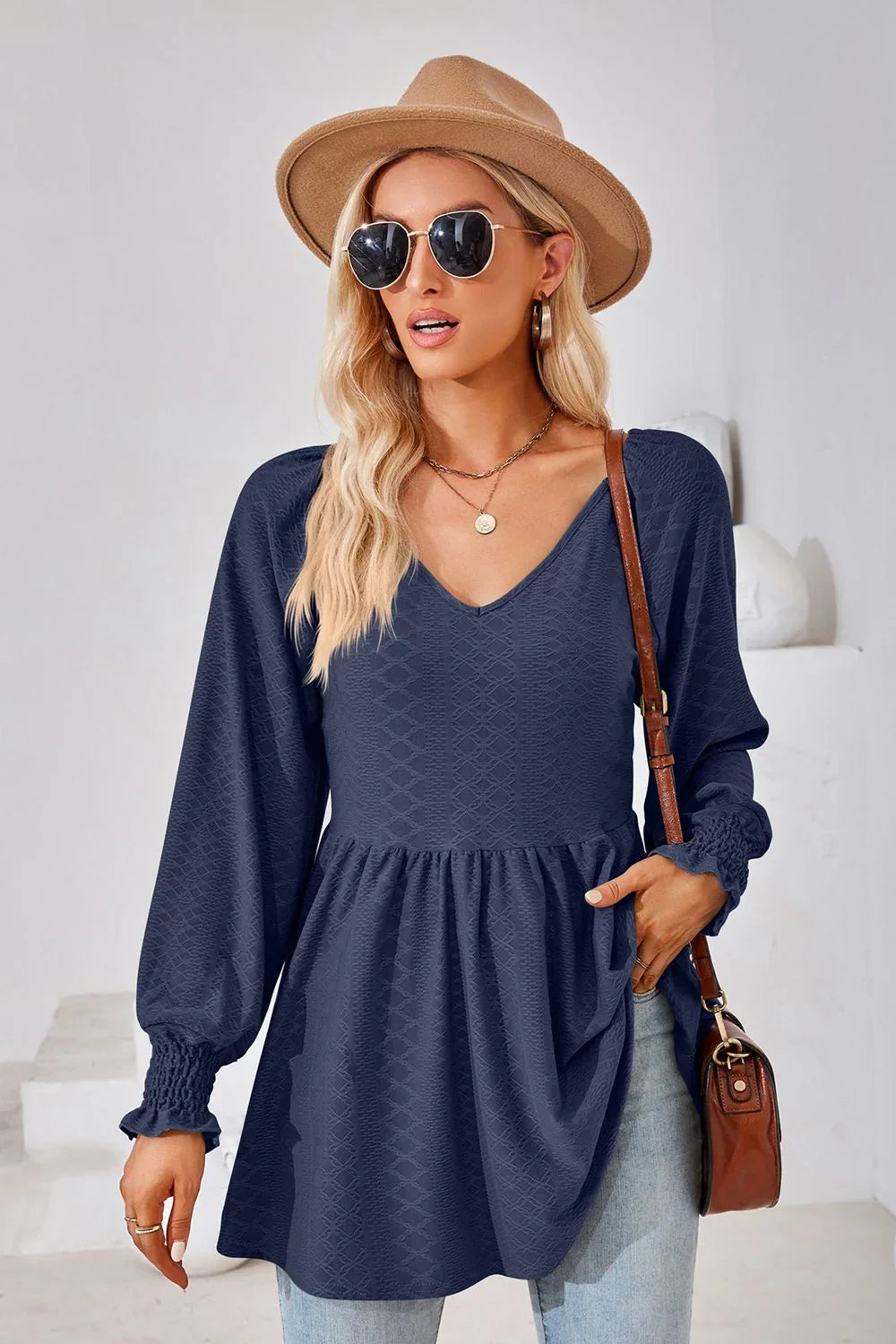 V-Neck Lantern Sleeve Blouse With Regular Length Casual Fit - Southern Shores Clothing