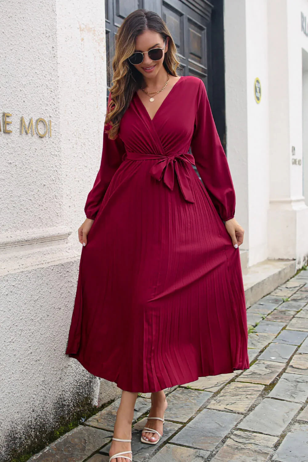 Pleated Long Sleeve Surplice Maxi Dress - Southern Shores Clothing