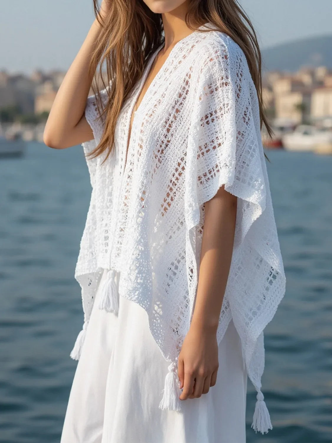 Openwork Tassel Open Front Knit Cover Up Kimono Lightweight - Southern Shores Clothing