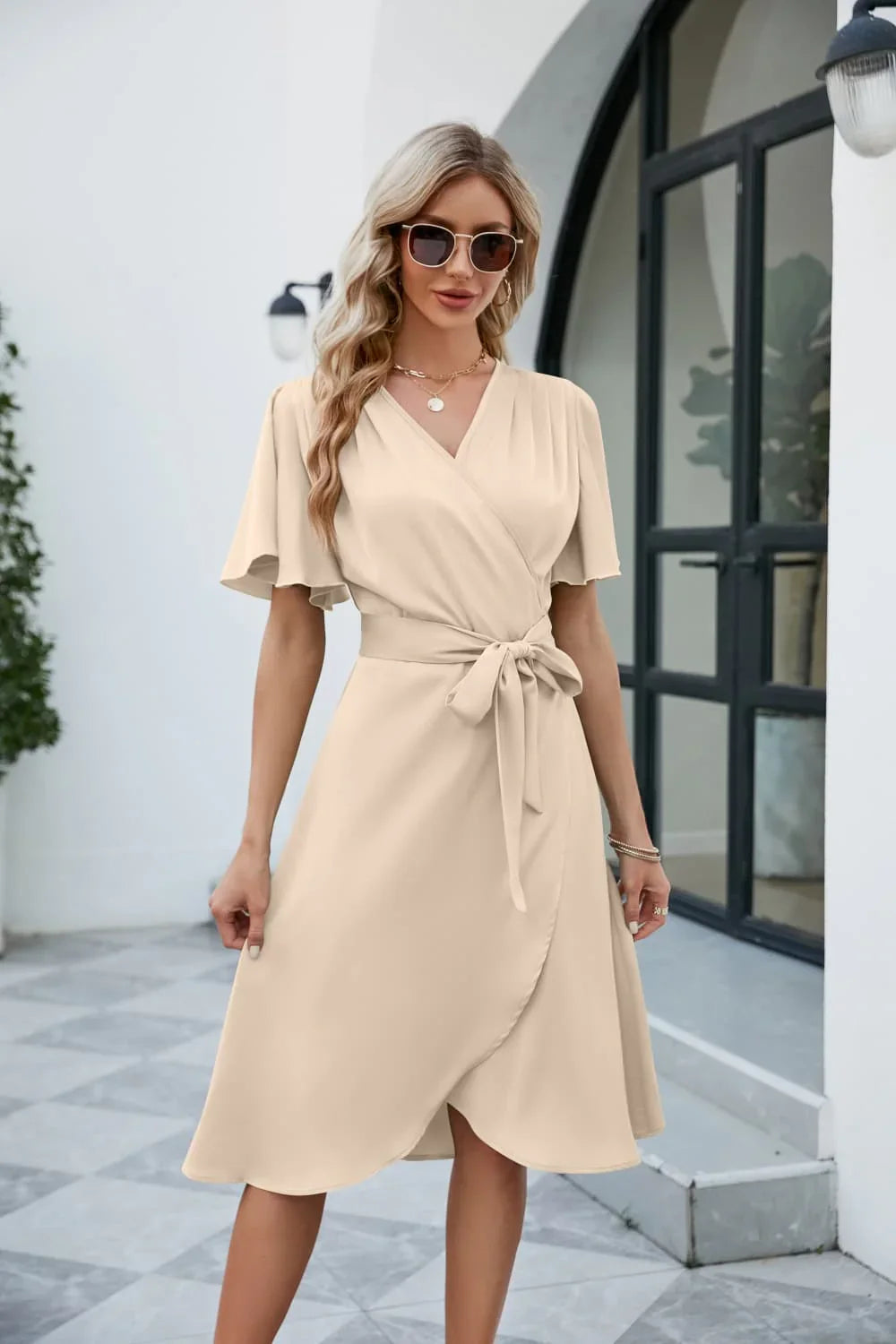 Tie Waist Flutter Sleeve Surplice Dress - Southern Shores Clothing