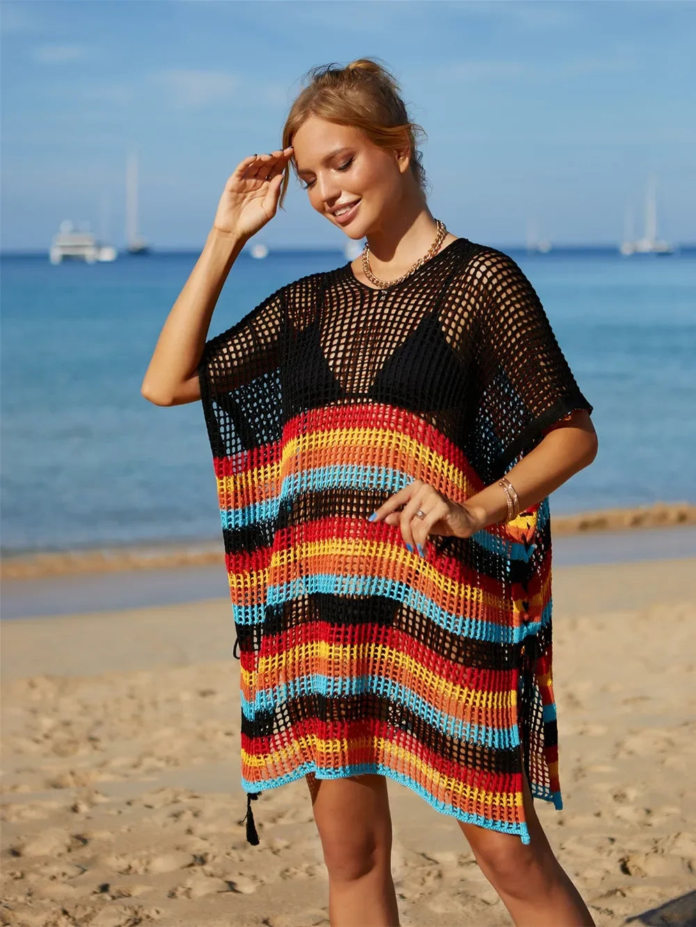 Angel Wings Striped Cutout Cover Up One Size Tassel - Southern Shores Clothing