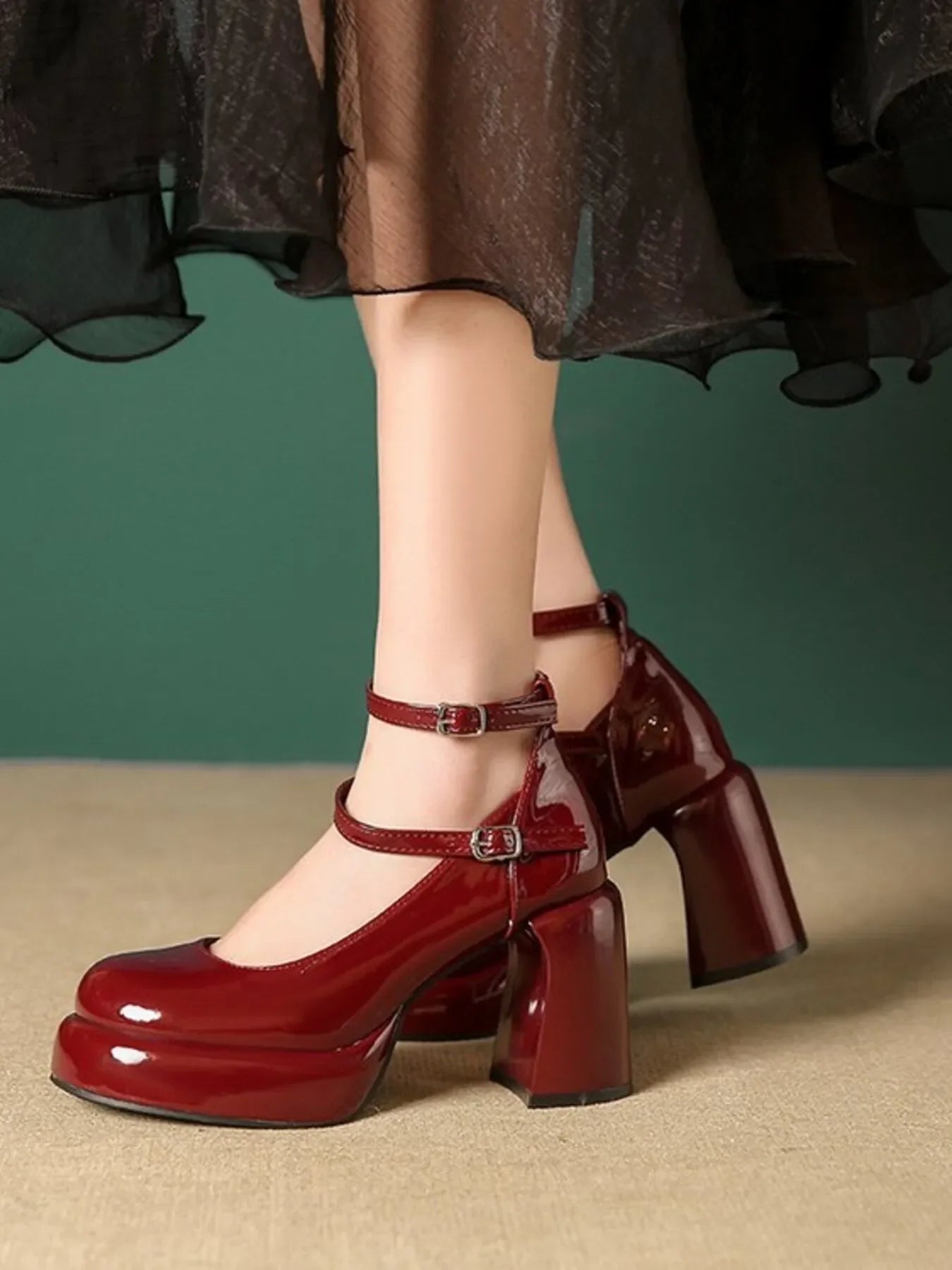 Patent Leather Mary Jane Platform Pumps Mid Heel - Southern Shores Clothing