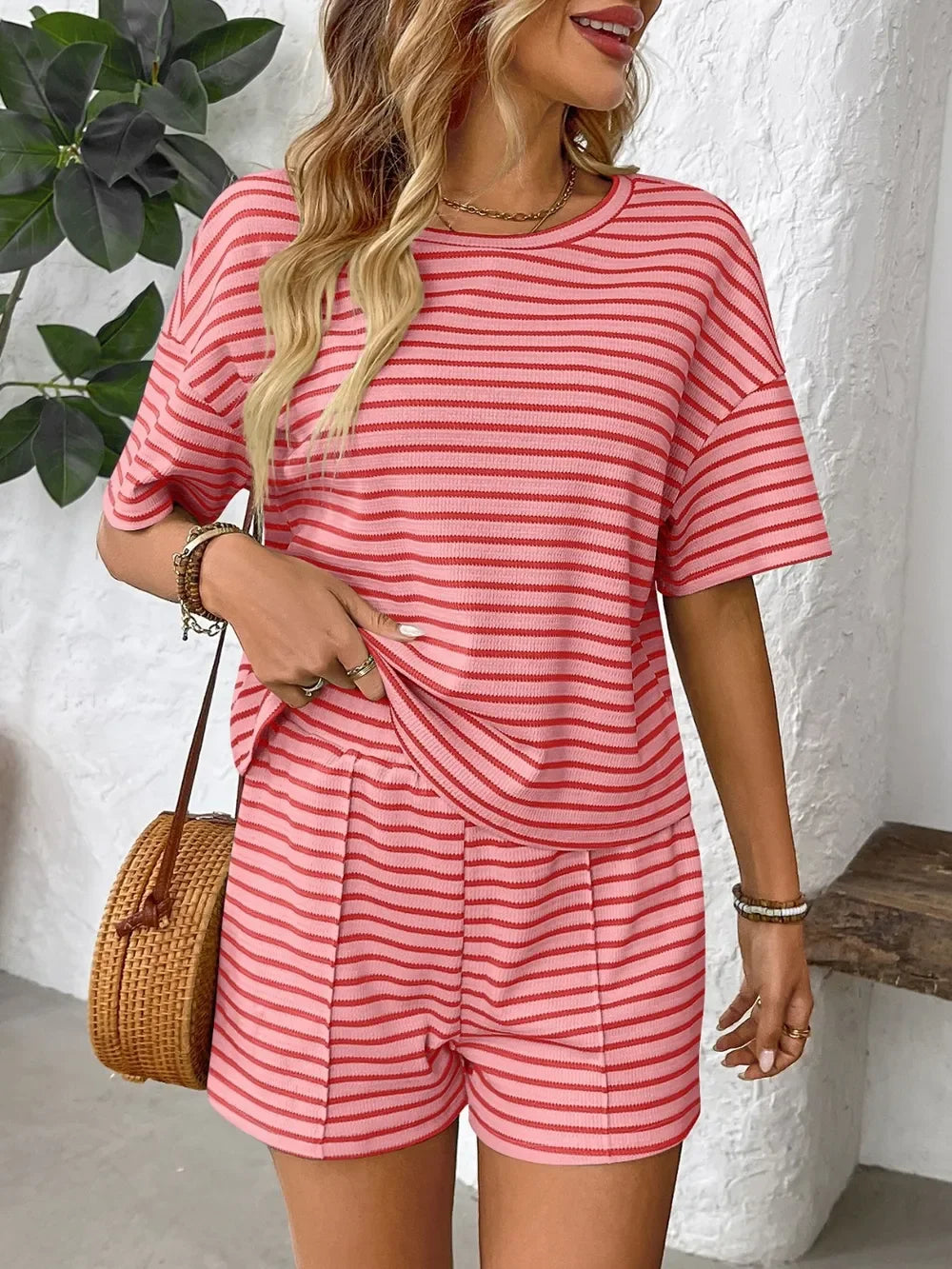 Striped Round Neck Short Sleeve Top and Shorts Set - Southern Shores Clothing