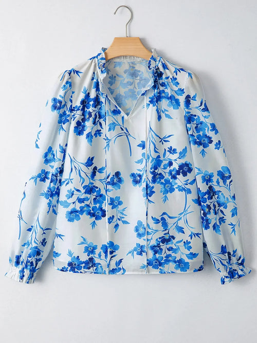 Floral Long Sleeve Tie Neck Blouse For Everyday Wear - Southern Shores Clothing