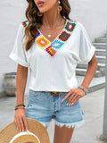 Contrast V Neck Short Sleeve Top With Embroidered Panels - Southern Shores Clothing
