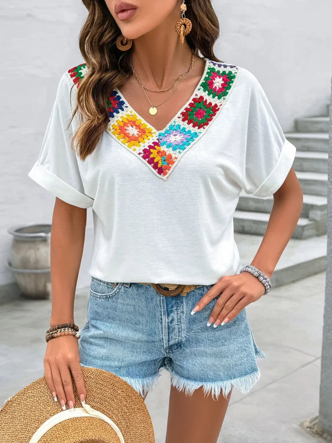 Contrast V Neck Short Sleeve Top With Embroidered Panels - Southern Shores Clothing