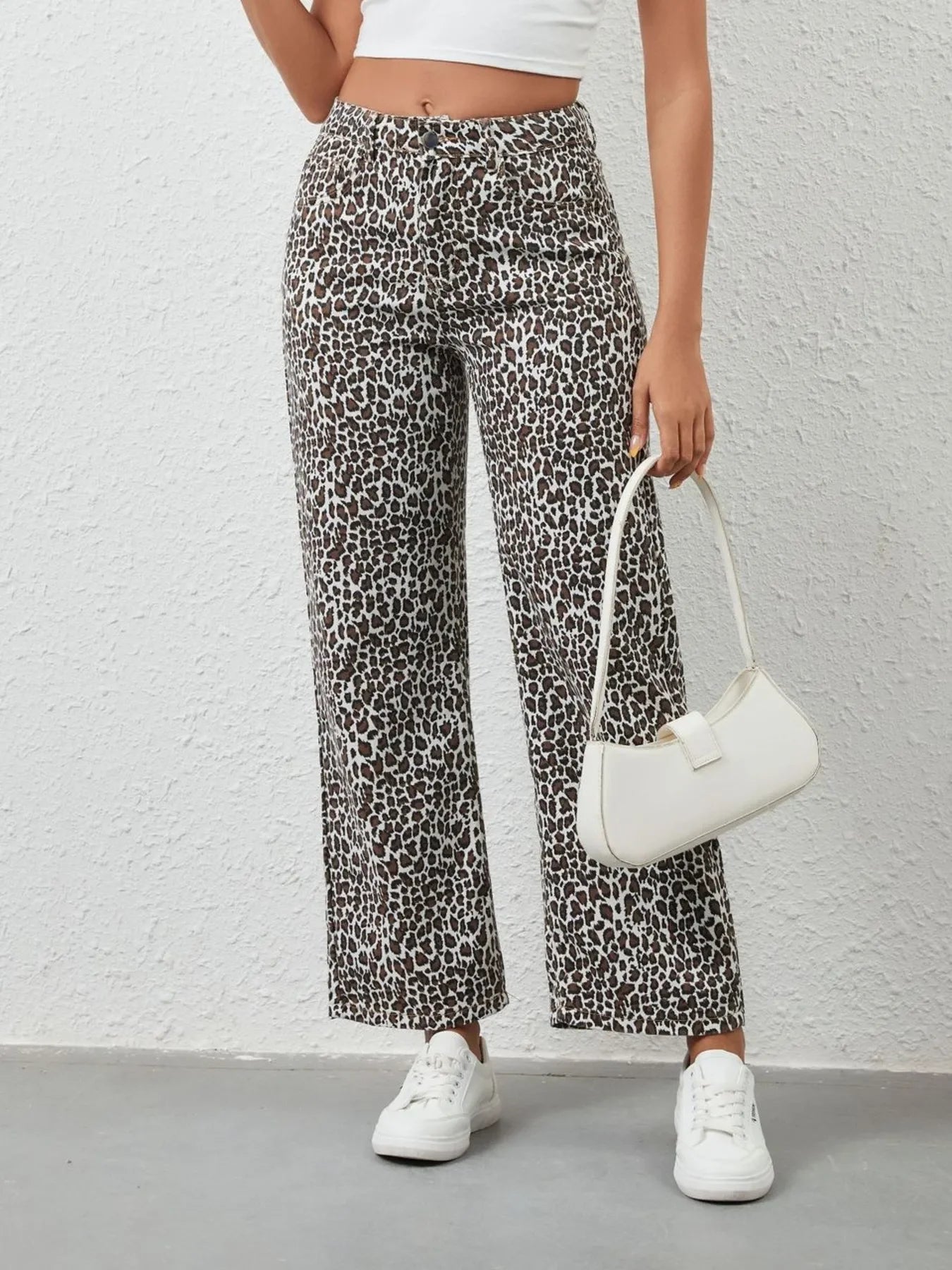 Leopard Print Wide Leg Denim Jeans With Stretch - Southern Shores Clothing