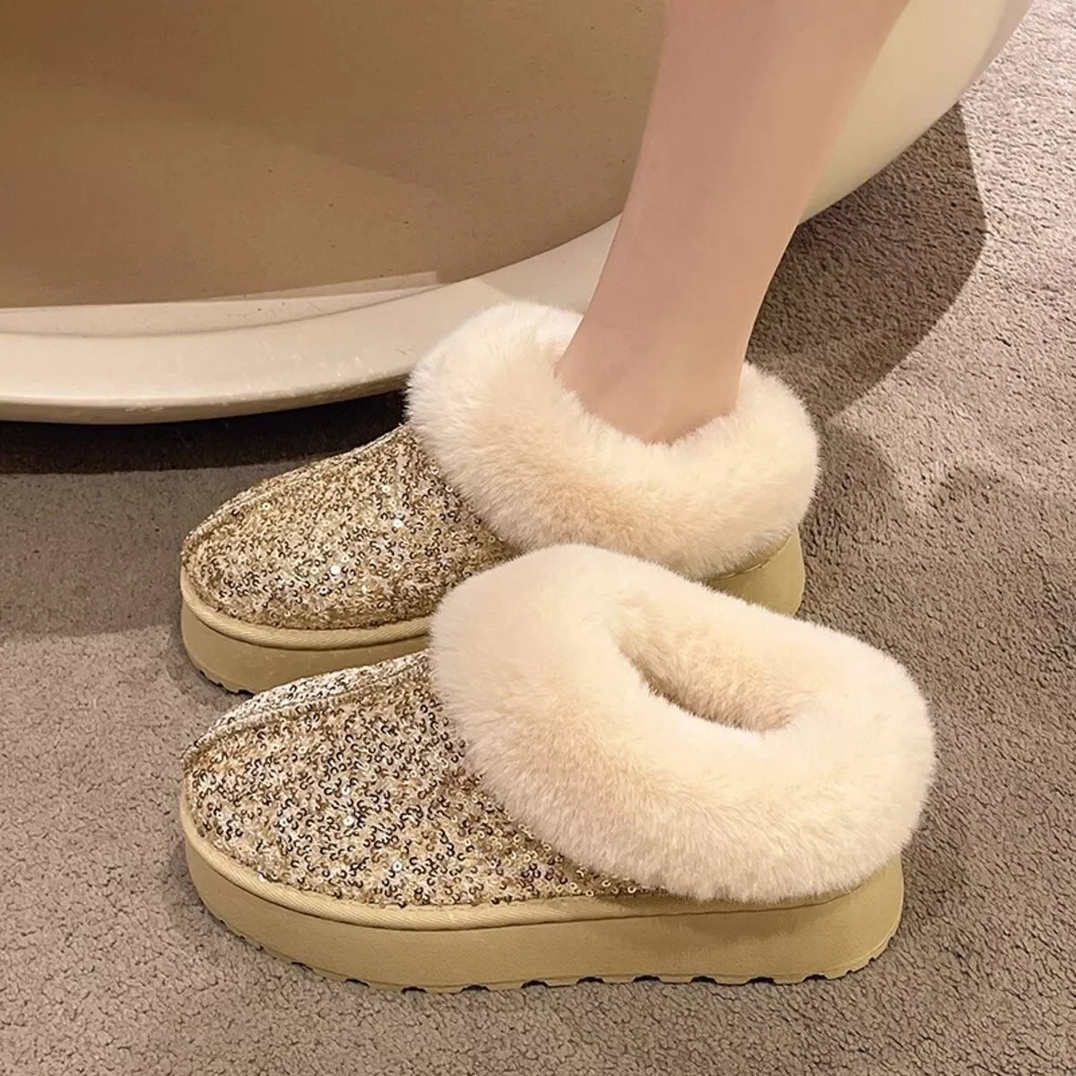 Sequined Round Toe Platform Boots With Faux Fur Trim - Southern Shores Clothing