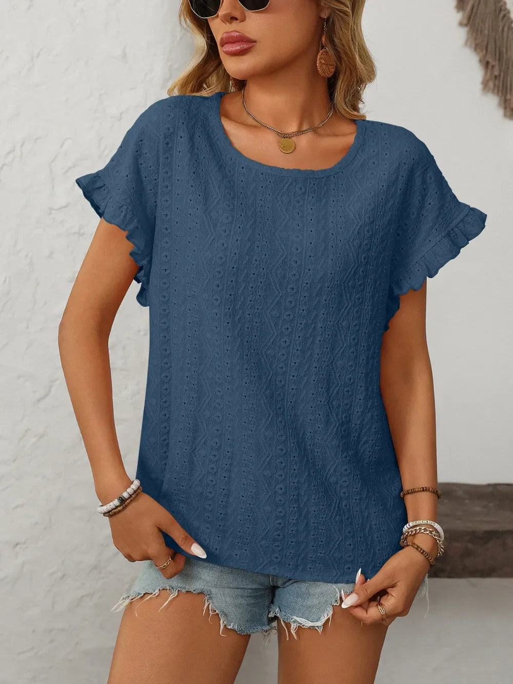 Eyelet Frill Round Neck Short Sleeve Top - Southern Shores Clothing