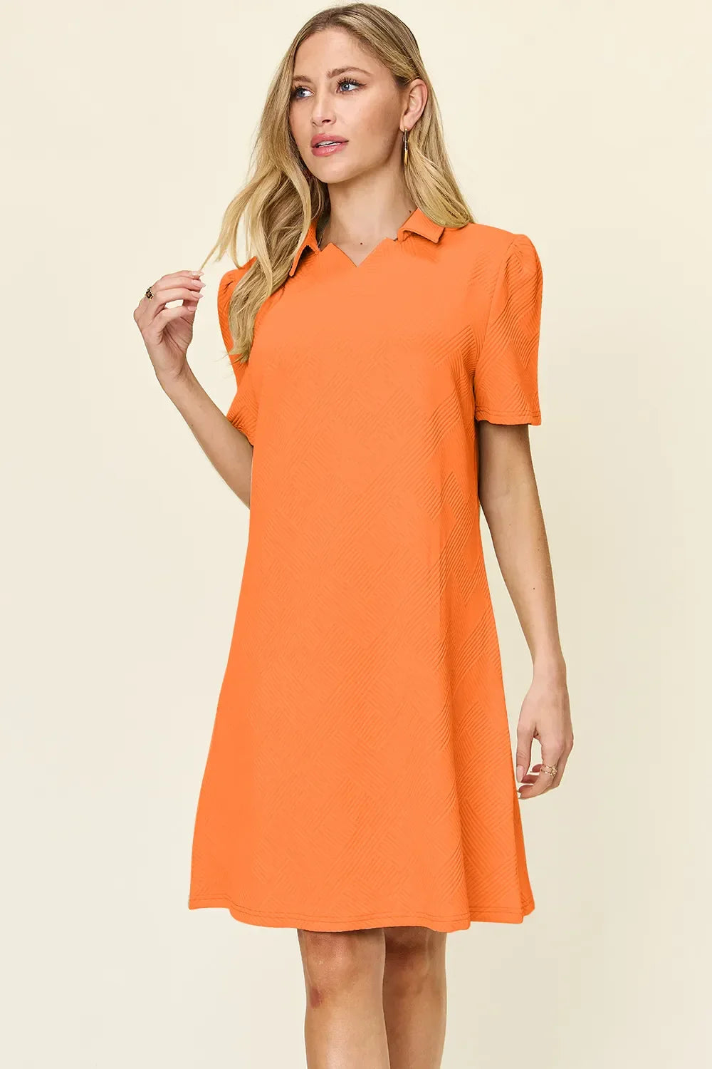 Textured Collared Neck Short Sleeve Dress - Southern Shores Clothing