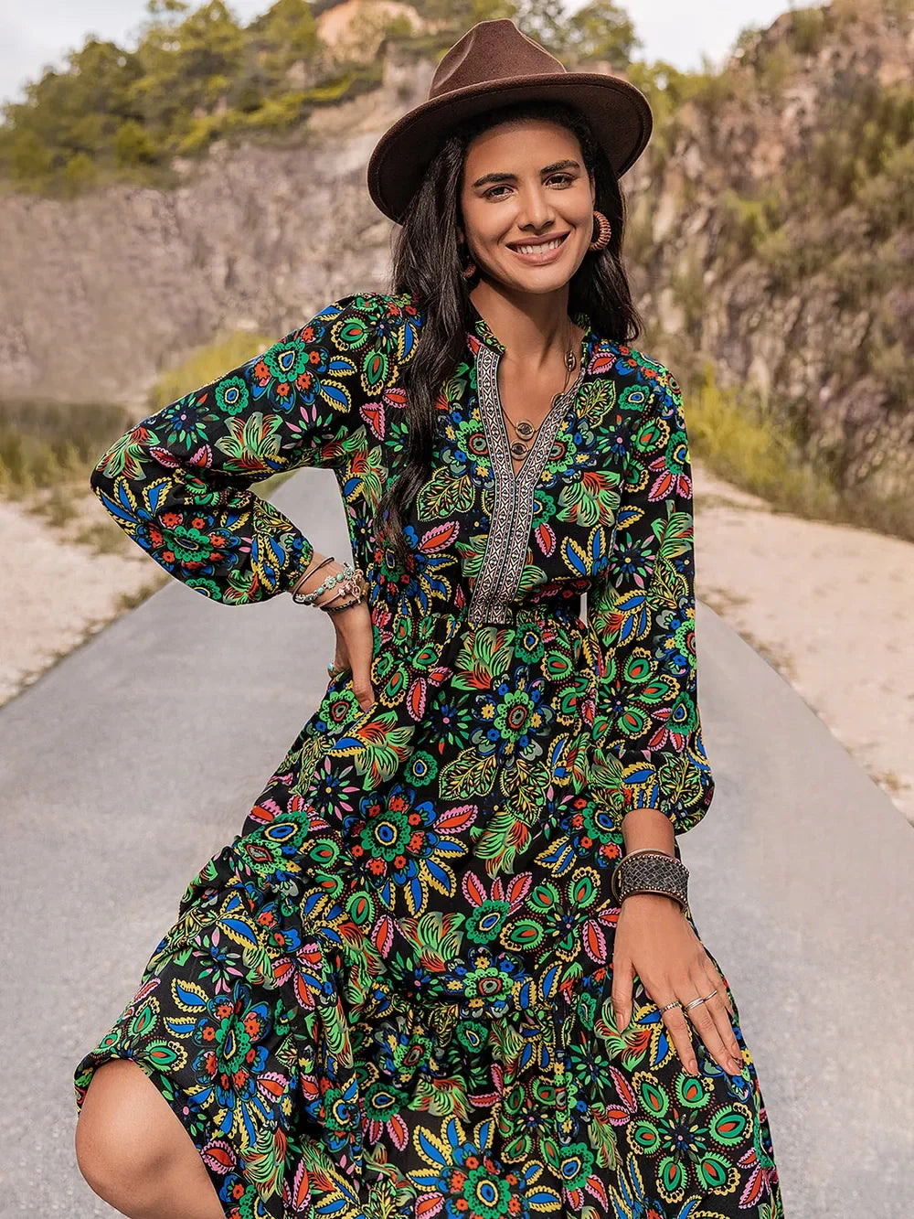 Printed Notched Neck Maxi Dress For Coastal Style - Southern Shores Clothing