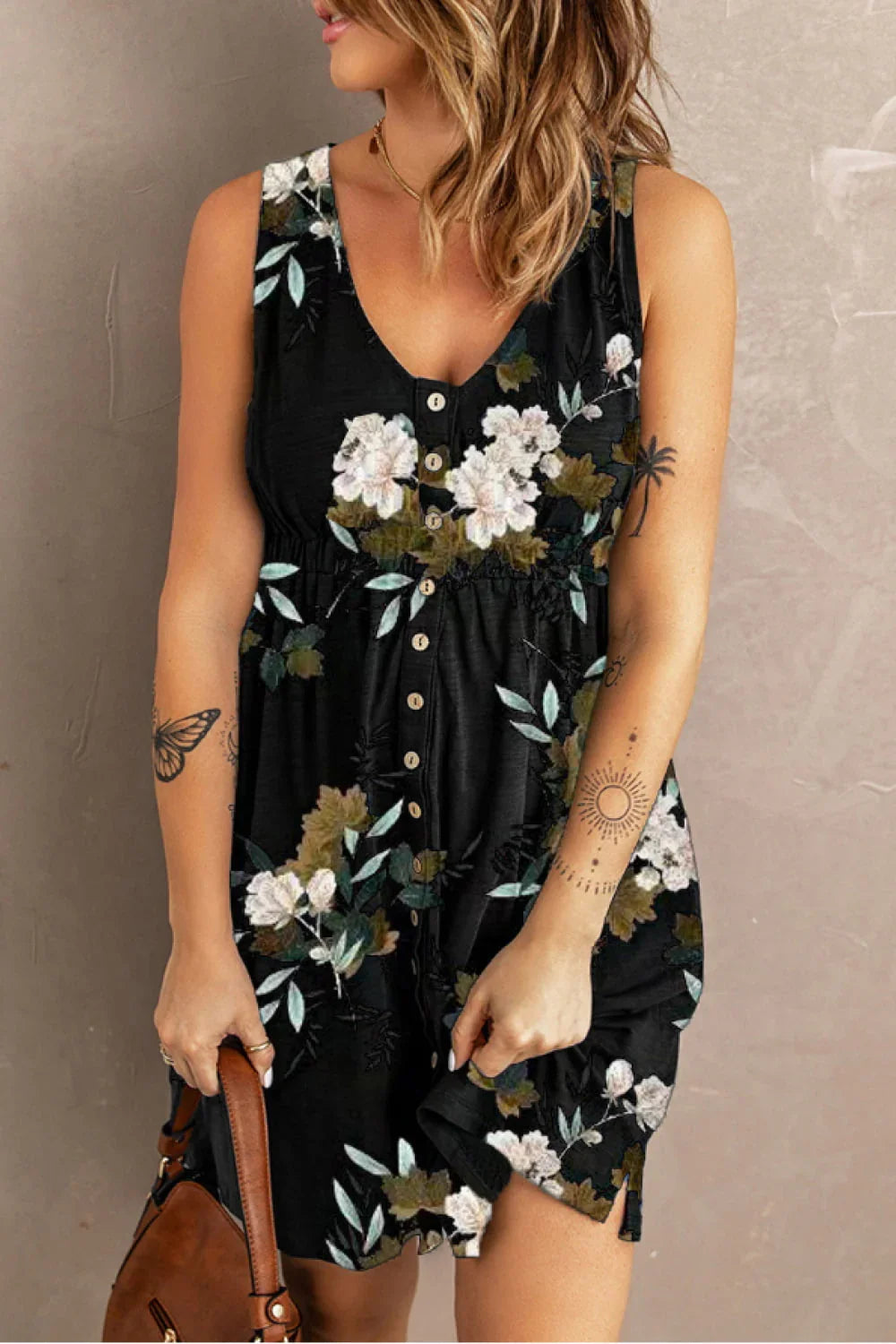 Double Take Printed Scoop Neck Sleeveless Buttoned Magic Dress with Pockets - Southern Shores Clothing