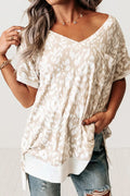 Leopard Print V-Neck Side Slit Loose Fit T Shirt - Southern Shores Clothing