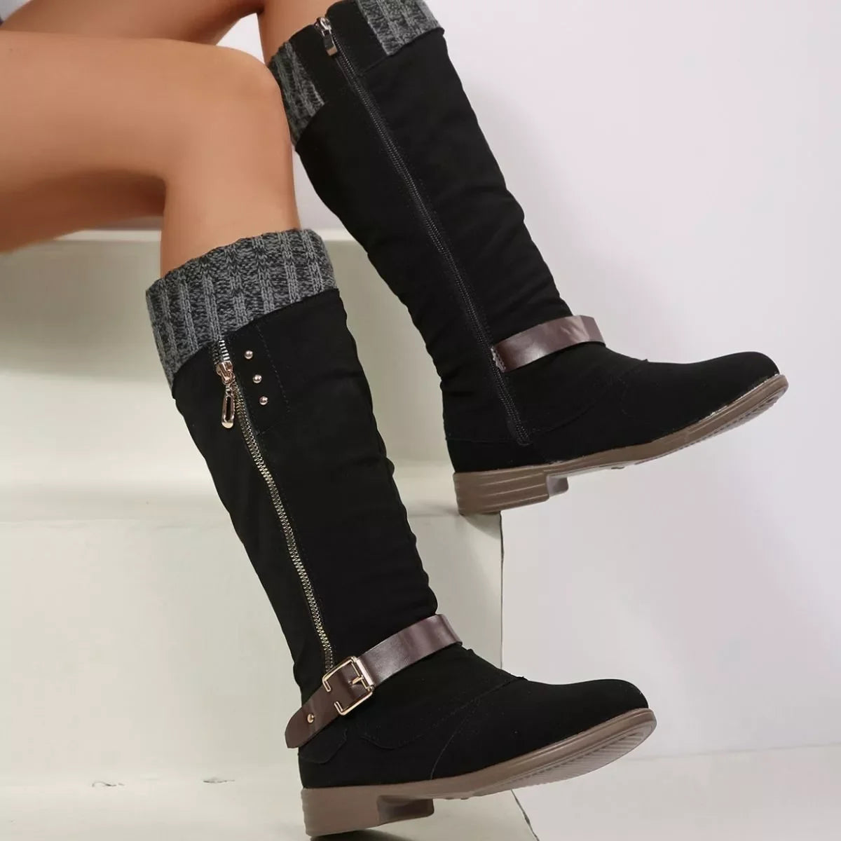 Round Toe Block Heel Boots Suede Rubber Casual