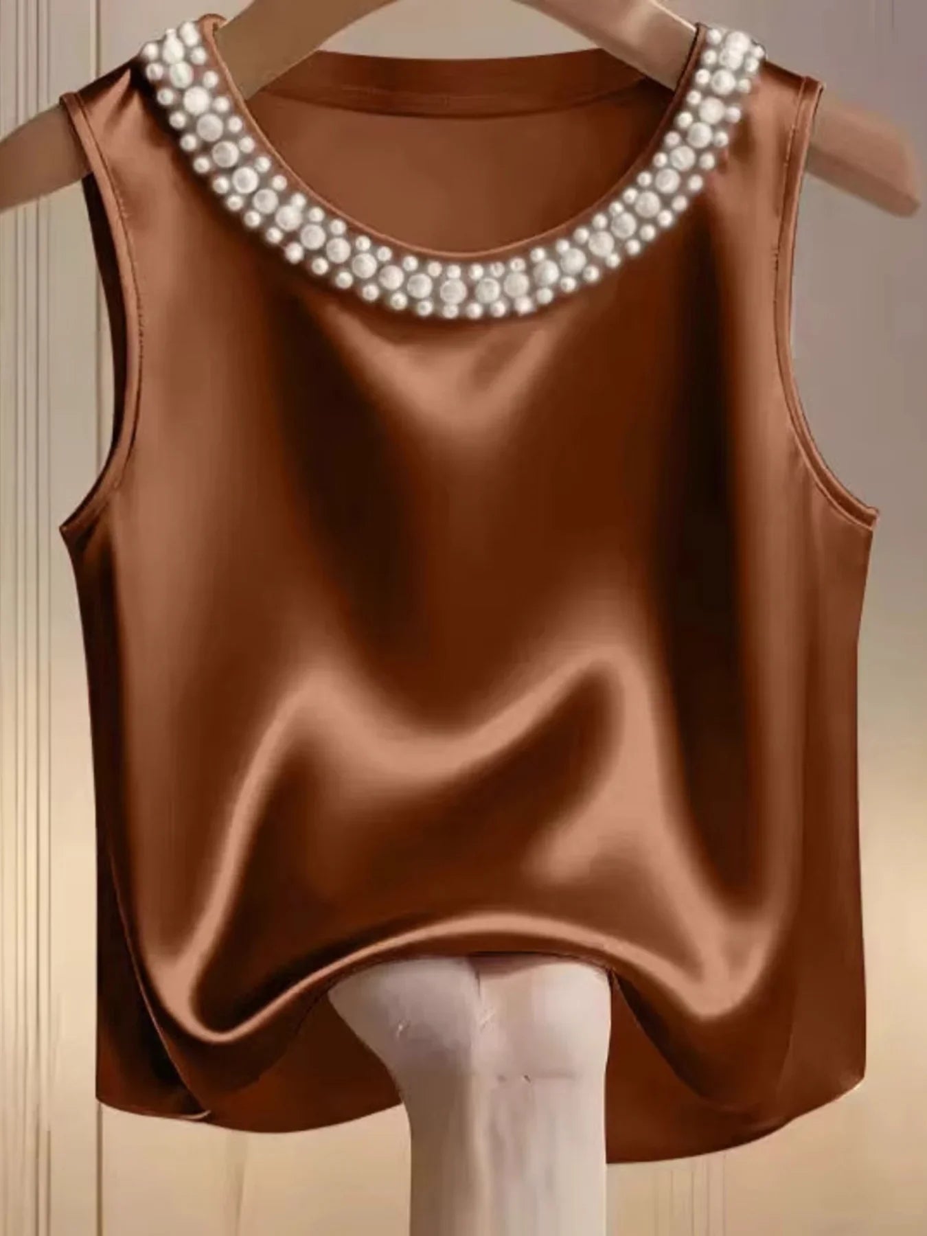 Elegant Satin Tank Top With Pearl Embellished Collar Detailing - Southern Shores Clothing