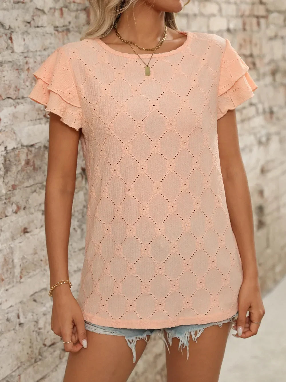 Eyelet Round Neck Ruffled Short Sleeve Top - Southern Shores Clothing