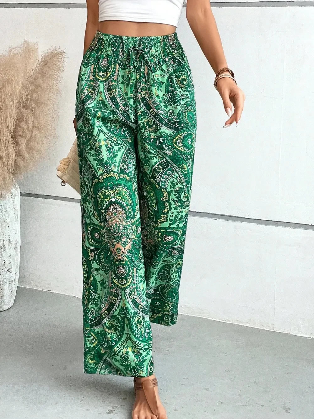 Printed Wide Leg Pants With Paisley Print Drawstring Waist - Southern Shores Clothing