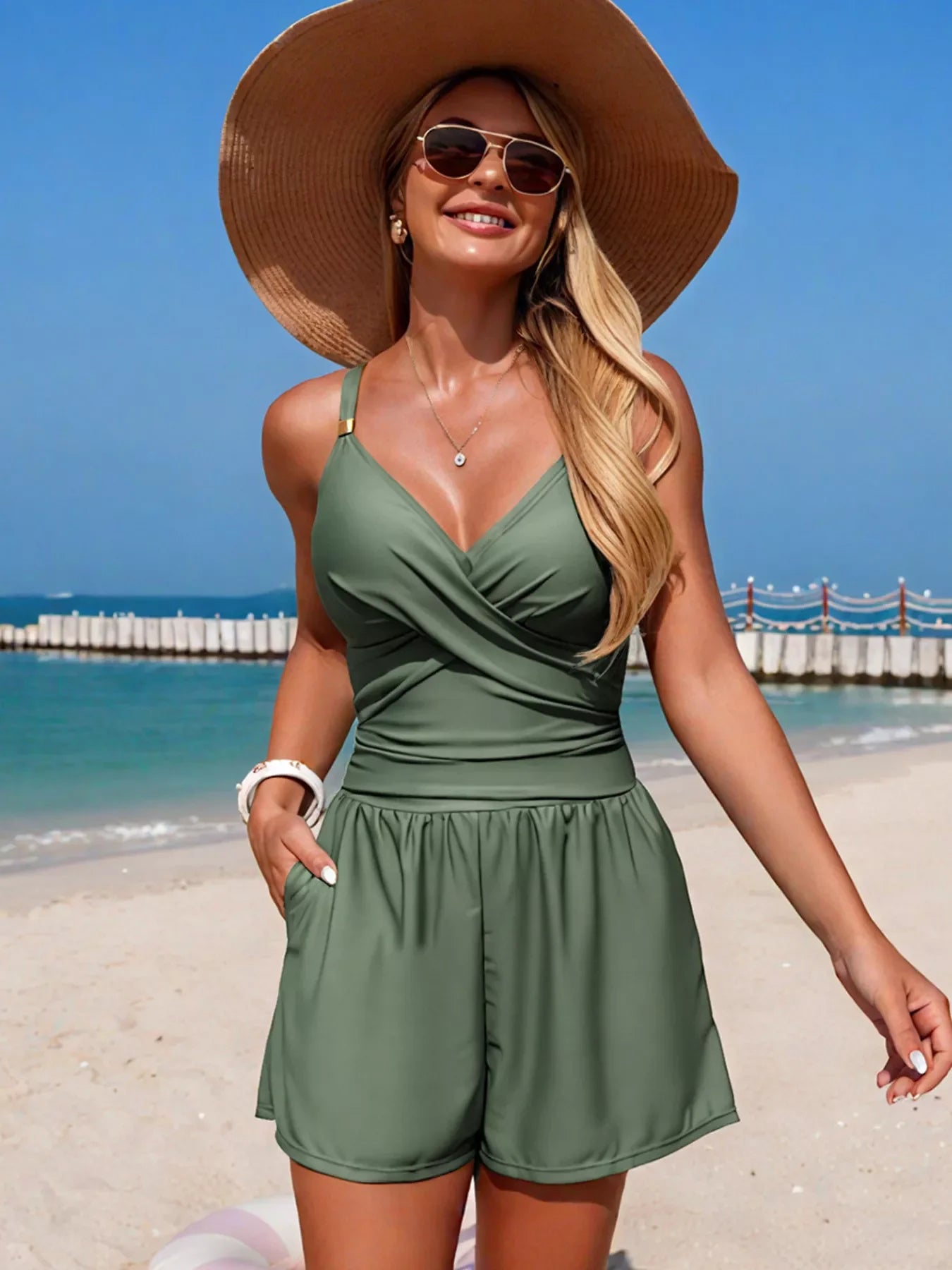 V-Neck Spaghetti Strap One-Piece Swimsuit With Stretch Fabric - Southern Shores Clothing