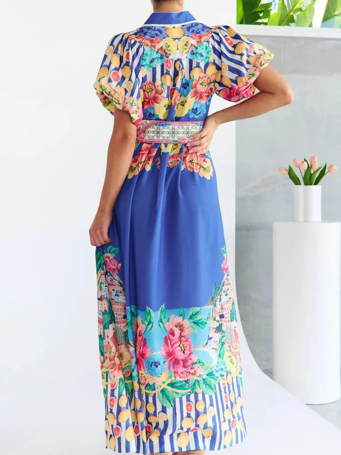 Printed Button Front Puff Sleeve Maxi Dress - Southern Shores Clothing