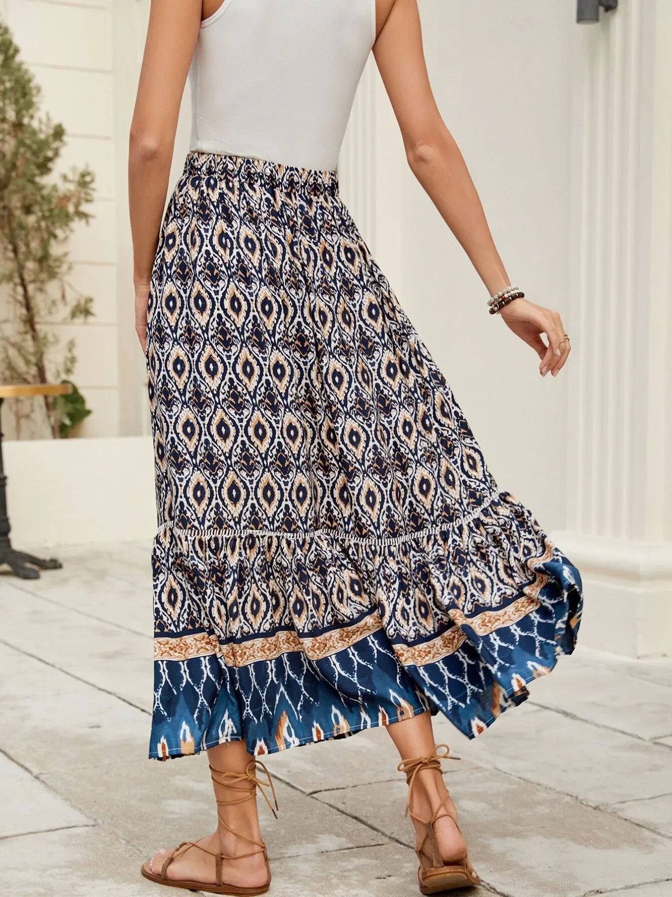 Bohemian Printed Ruched Maxi Skirt Flowing - Southern Shores Clothing