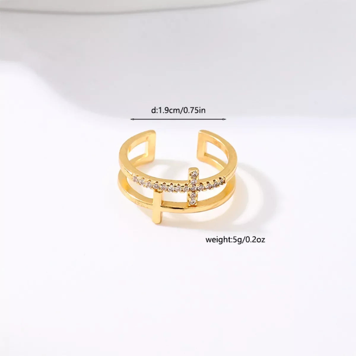 18K Gold Plated Rhinestone Cross Open Ring Adjustable - Southern Shores Clothing