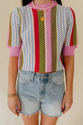 Openwork Striped Crochet Knit Short Sleeve Top With Stretch - Southern Shores Clothing