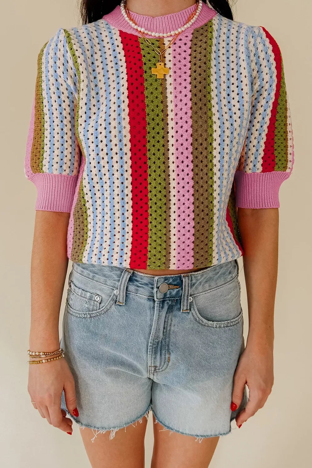 Openwork Striped Crochet Knit Short Sleeve Top With Stretch - Southern Shores Clothing