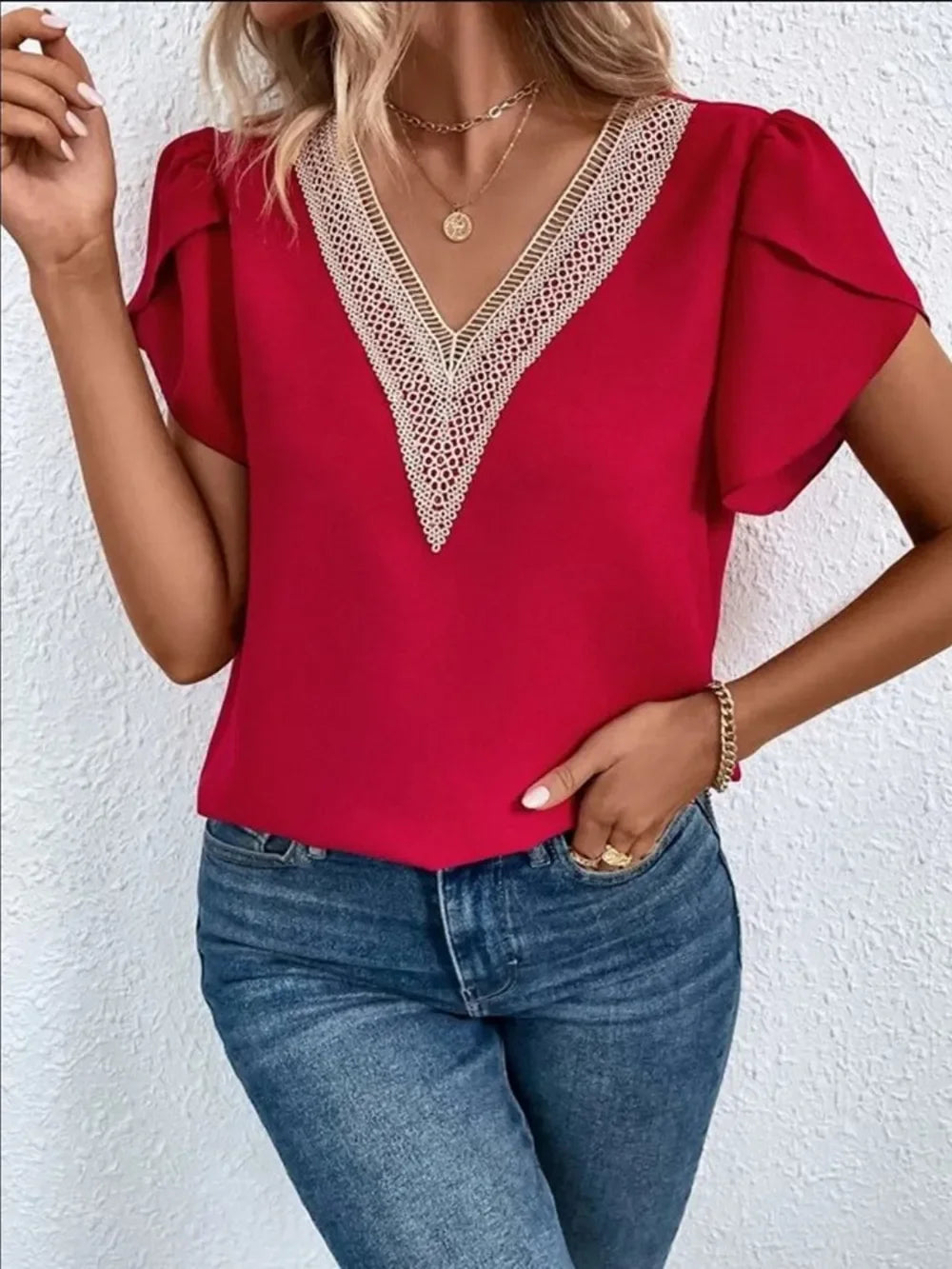 Southern Shores Clothing V-Neck Petal Sleeve 100% Polyester Blouse For Versatile Wear - Southern Shores Clothing