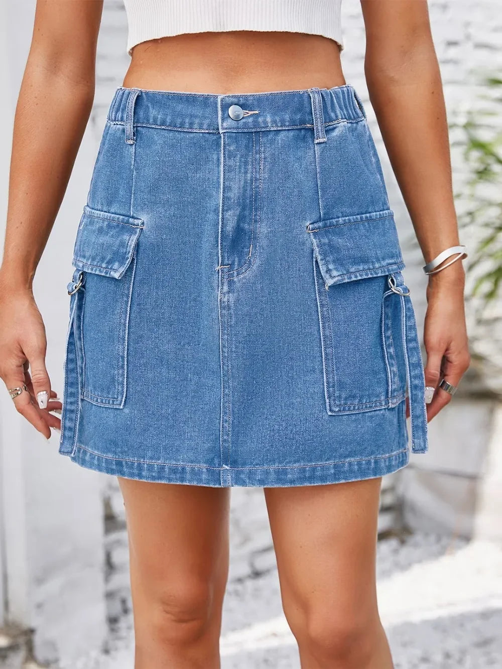 Casual Pocketed Buttoned Denim Skirt With Pockets - Southern Shores Clothing