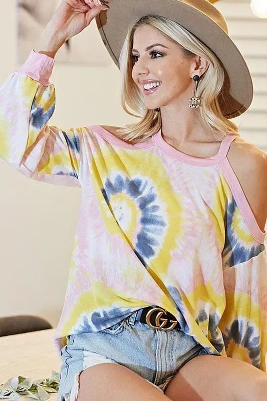 Tie Dye Terry Top With Cold Shoulder Detail - Southern Shores Clothing