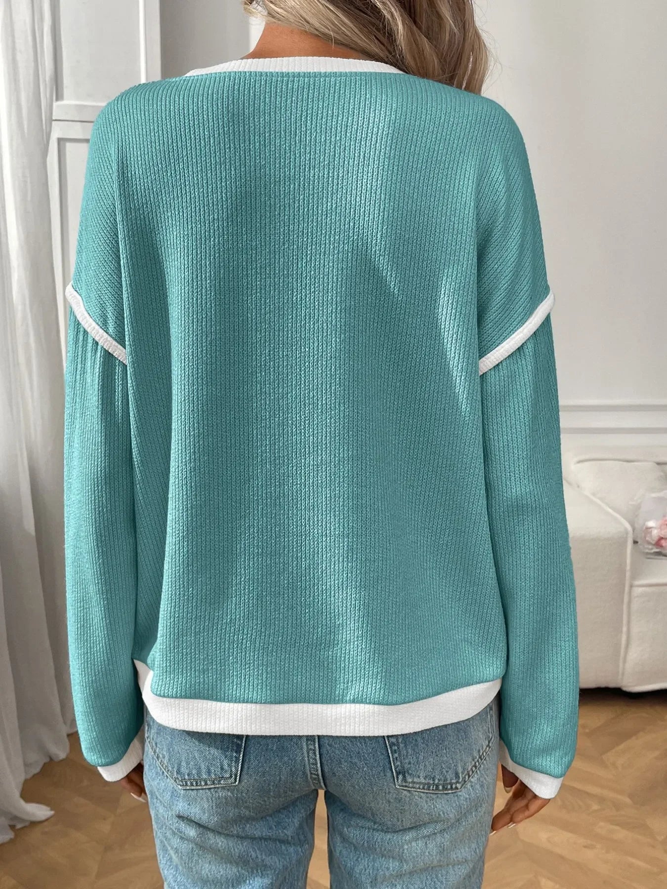 Ribbed Contrast Trim Long Sleeve Top - Southern Shores Clothing