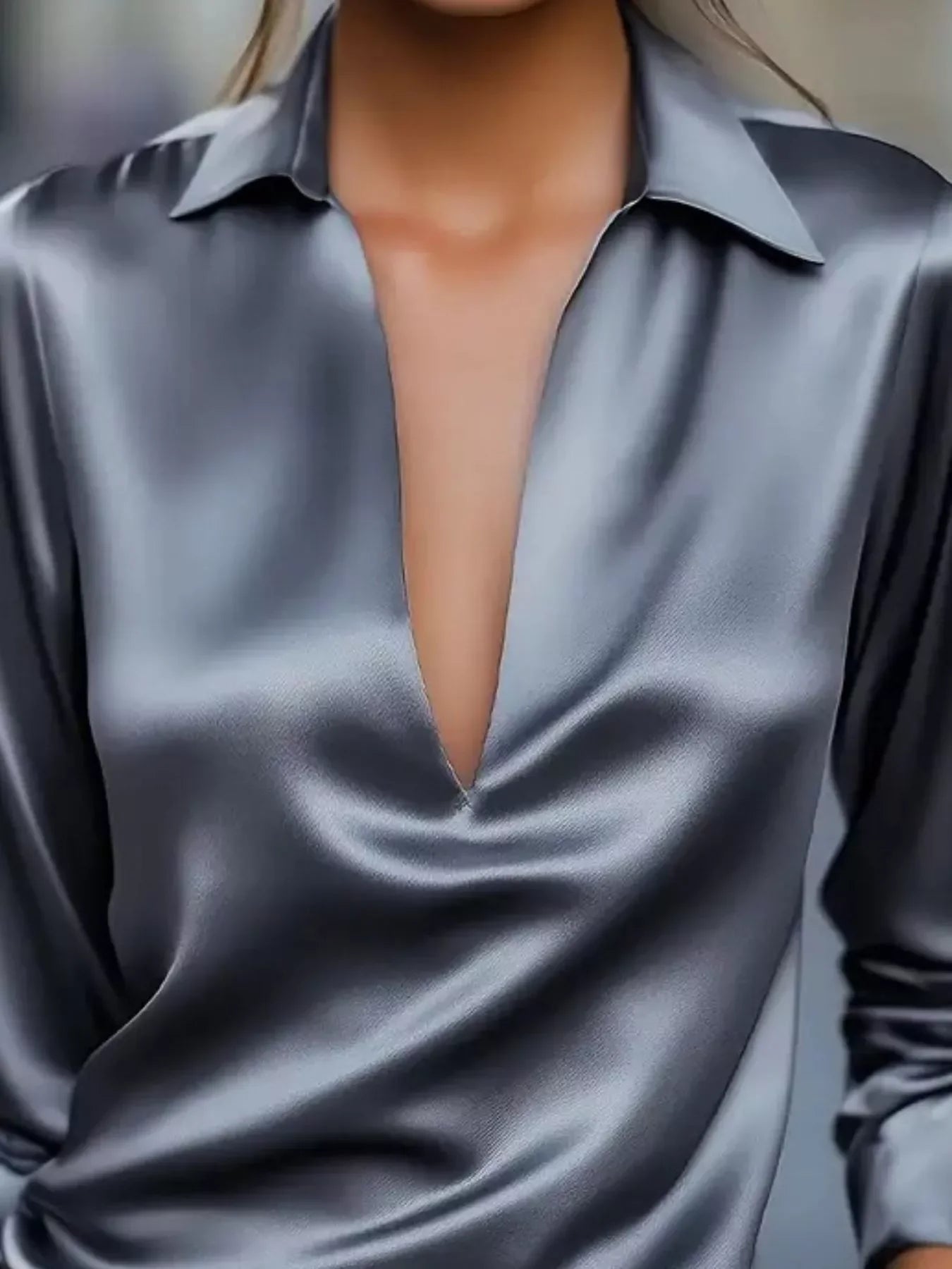 Satin Johnny Collar Long Sleeve Blouse Relaxed Fit - Southern Shores Clothing