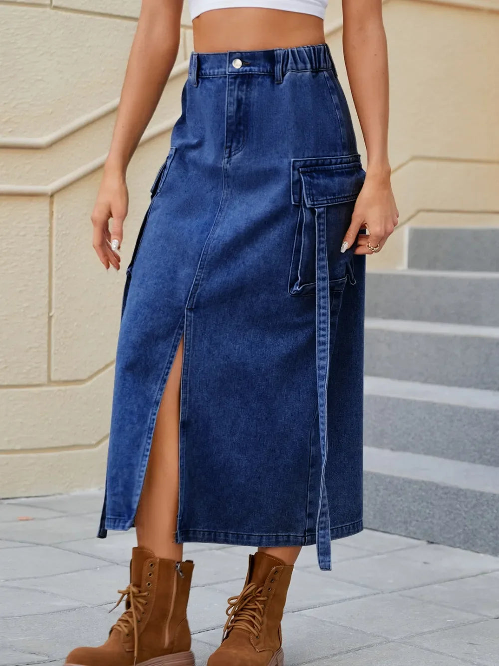 High Waist Denim Skirt With Slit And Pockets - Southern Shores Clothing