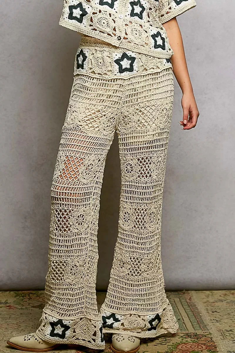 Openwork Crochet Flare Pants With Contrast Star - Southern Shores Clothing