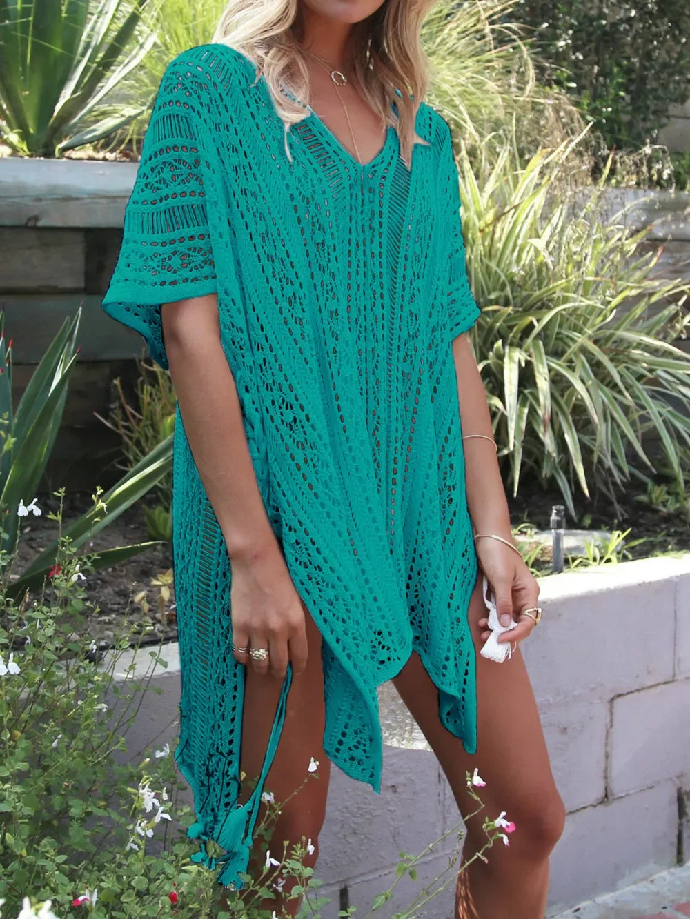 Angel Wings Cutout V-Neck Cover-Up With Tassel - Southern Shores Clothing